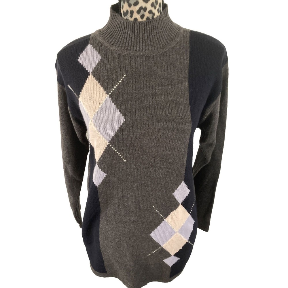Amanda Smith Sweater Men’s M Lambs wool Argyle Diamond Black Cabincore NEW